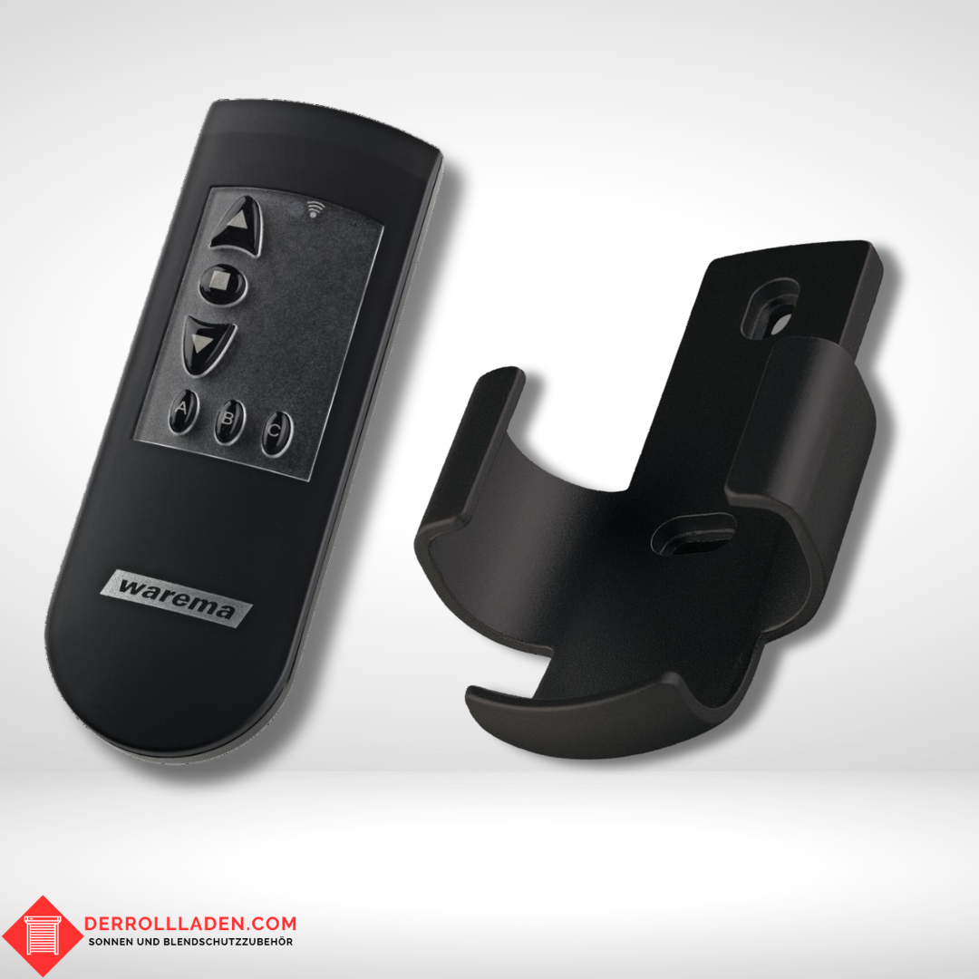 WAREMA EWFS Handsender 1 Kanal in Schwarz mit passender schwarzer Wandhalterung – eleganter Funk-Sender für Markisen und Sonnenschutzanlagen