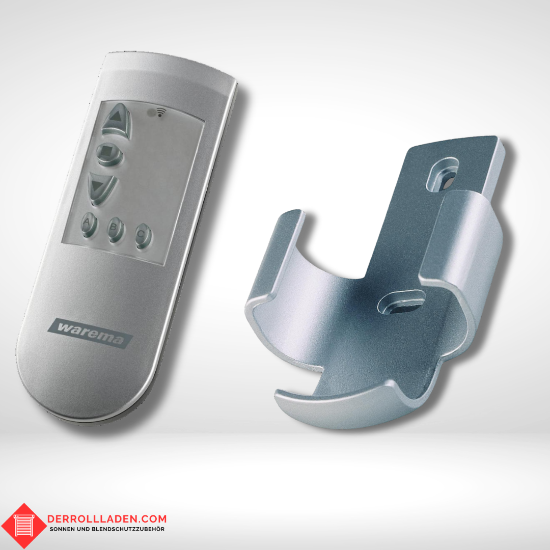 WAREMA EWFS Handsender 1 Kanal in Silber mit passender silberner Wandhalterung – moderner Funk-Handsender zur Steuerung von Markisen und Sonnenschutzsystemen