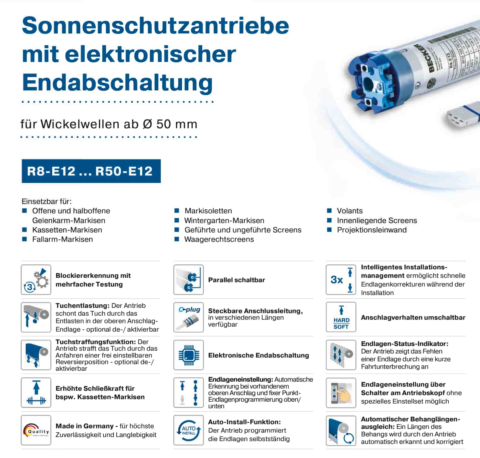Becker R08-17-E12 Rohrmotor 8 Nm für Markisen –
