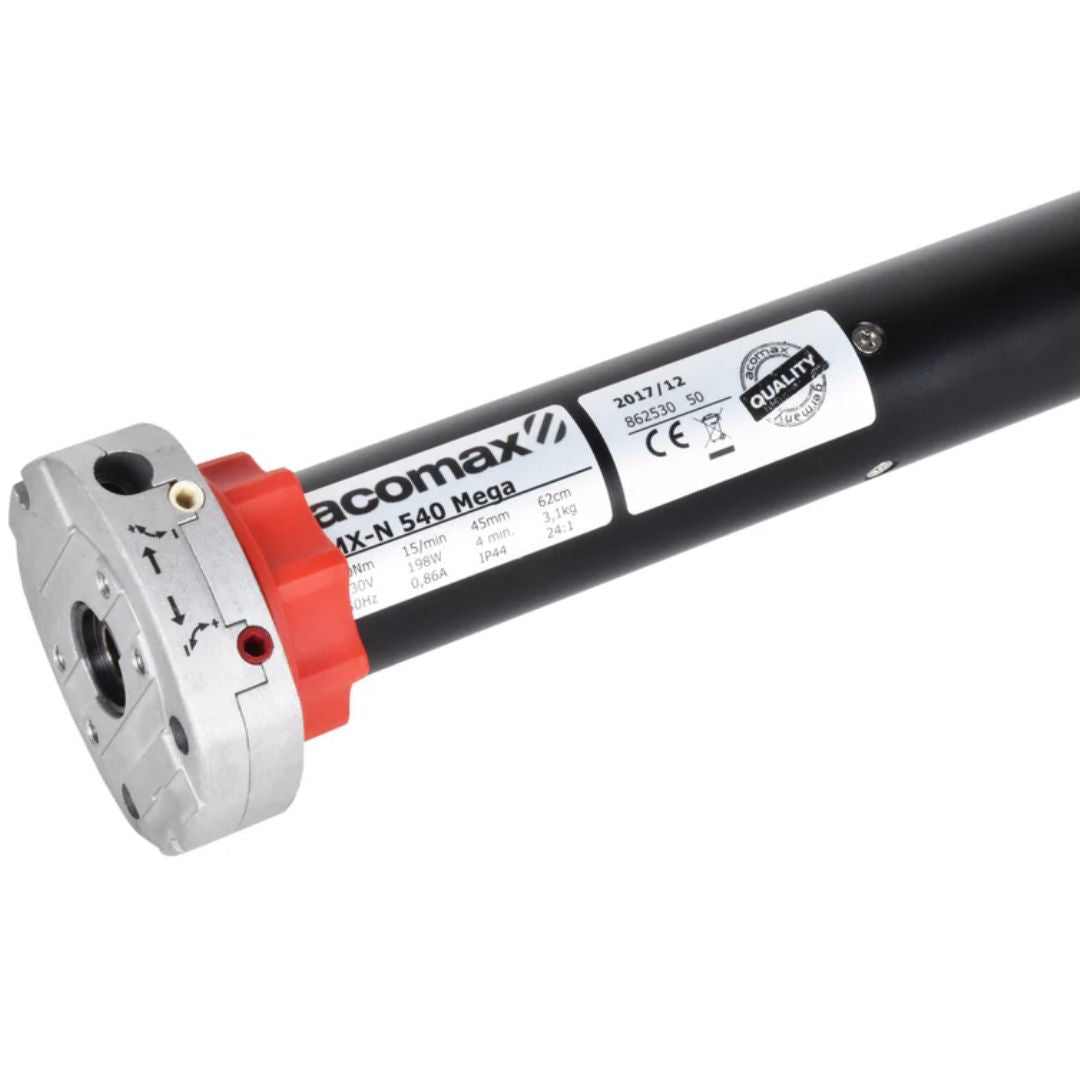 Detailaufnahme des Motorkopfes vom ACOMAX MX-N 540 Mega Nothand Rollladenmotor mit mechanischer Endlageneinstellung