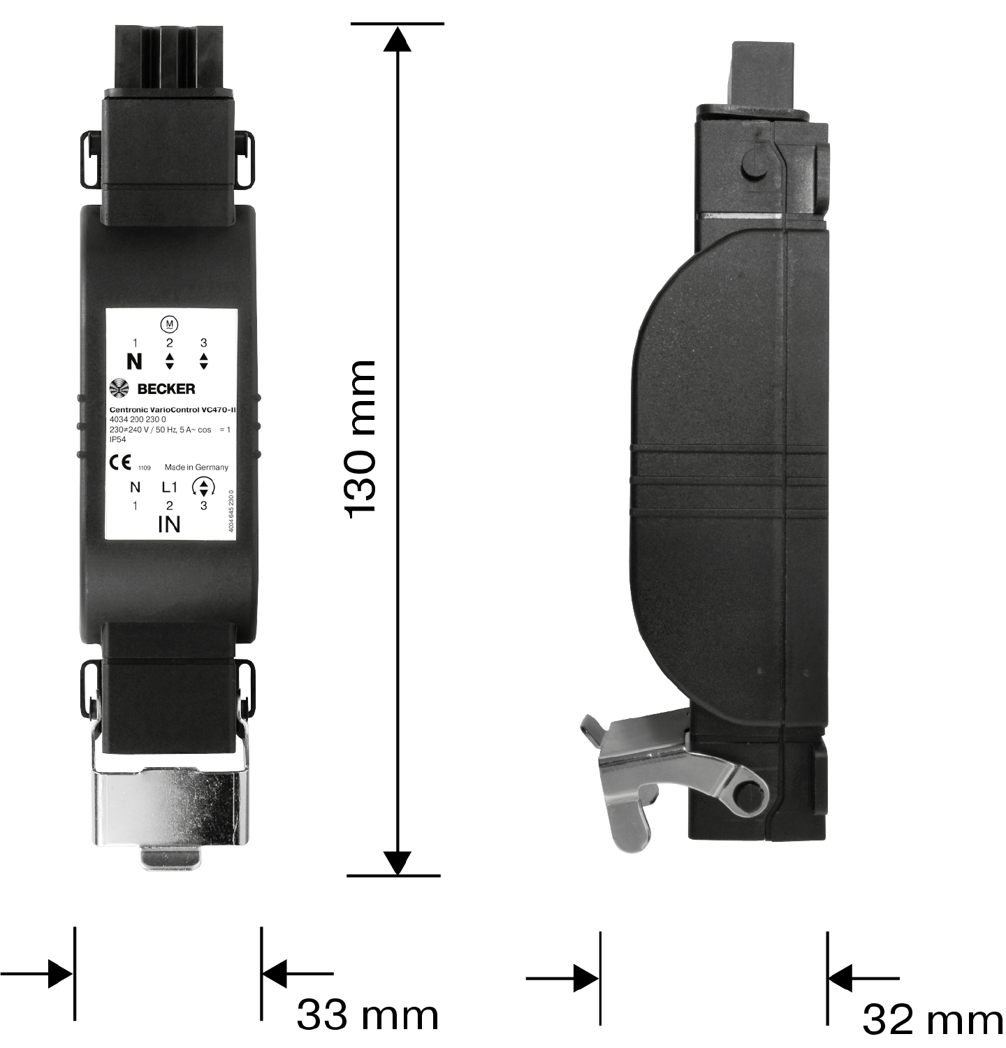 Maßzeichnung des Becker VC470 PLUS Funkempfängers mit Abmessungen 130 x 33 x 32 mm