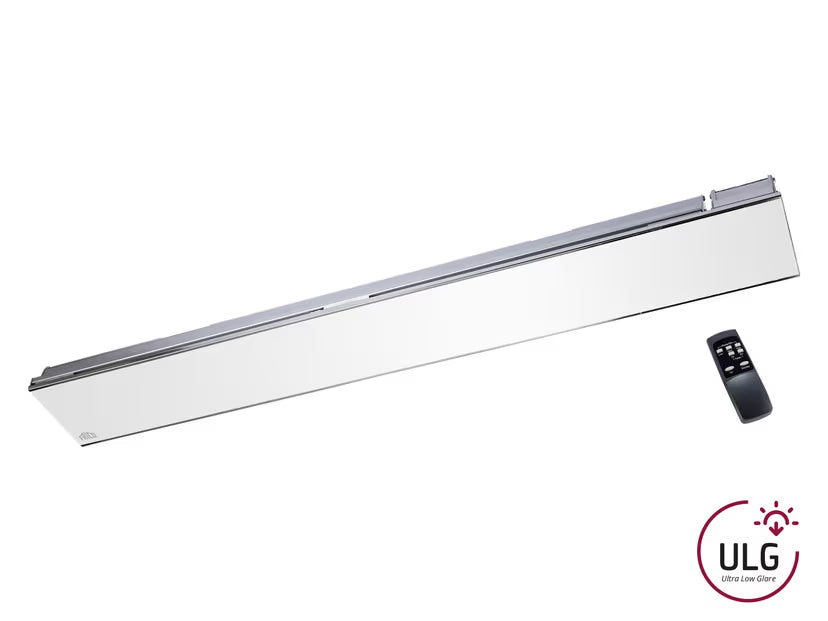 Frico Relax Glass Dimmer 3000 W Infrarot-Heizstrahler mit weißer Glasfront und silbernem Gehäuse inklusive Fernbedienung