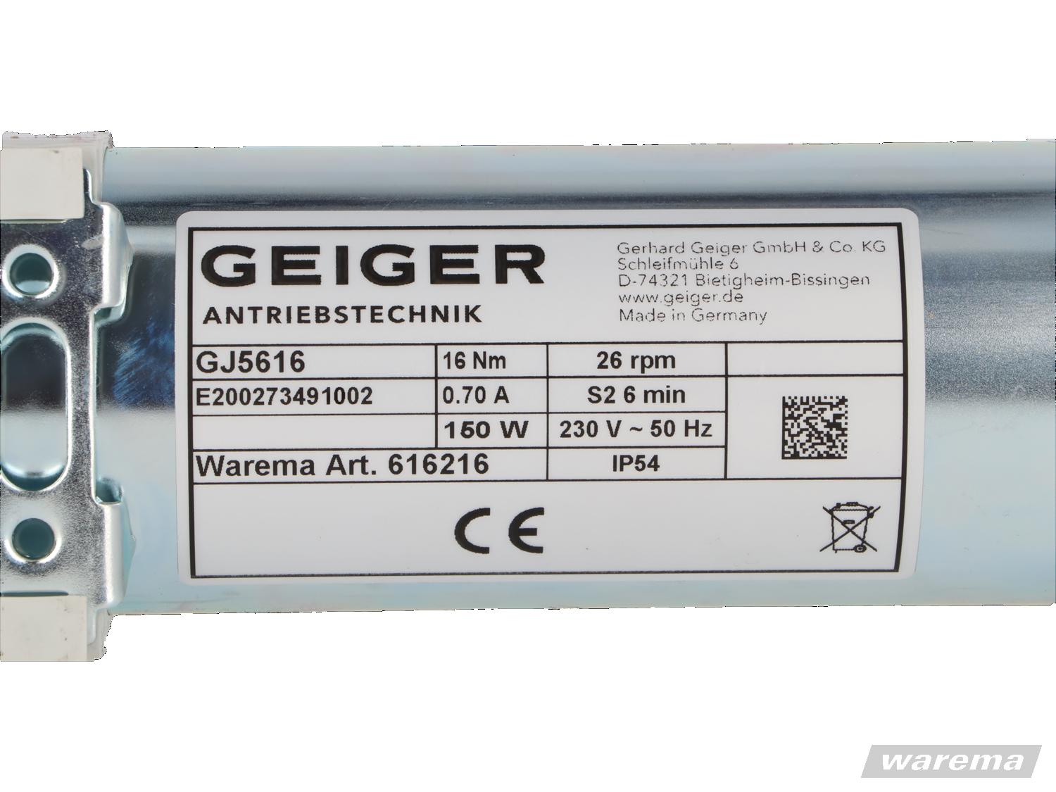 Typenschild Geiger GJ5616 Jalousiemotor mit technischen Daten und Leistungsangaben