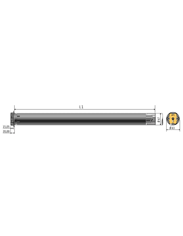Maßzeichnung des Somfy Oximo 50 RTS 20/17 Rollladenmotors mit Abmessungen